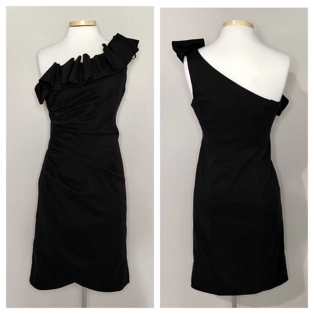 Laura Black Size 8 Medium One-Shoulder Knee Length Dress Ruffle Party Cocktail